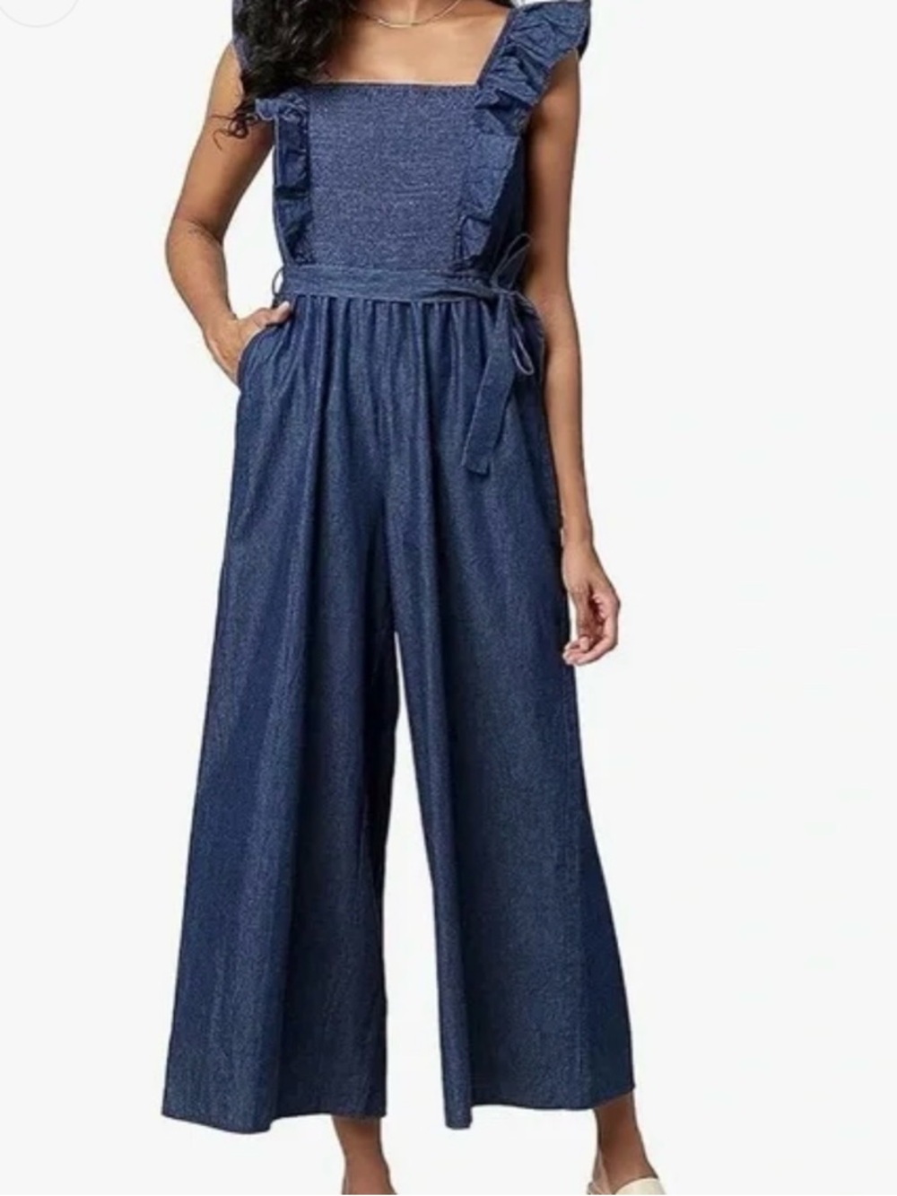 Buffalo David Bitton Jumpsuit Womens XL Smocked Ruffle Strap Cropped Wide Leg